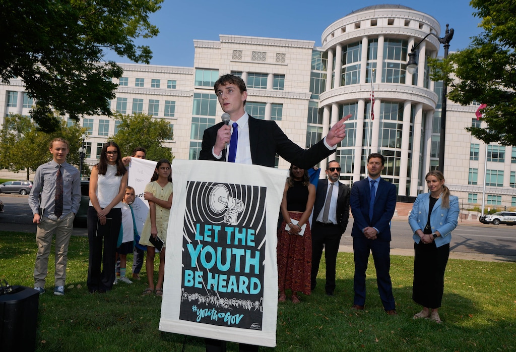(Francisco Kjolseth | The Salt Lake Tribune) Dallin Rima, one of seven youth from across Utah who filed a climate lawsuit against the state, speaks during a news conference at Washington Square Park in Salt Lake City following arguments before the Utah Supreme Court on Wednesday, Sept. 4, 2024.