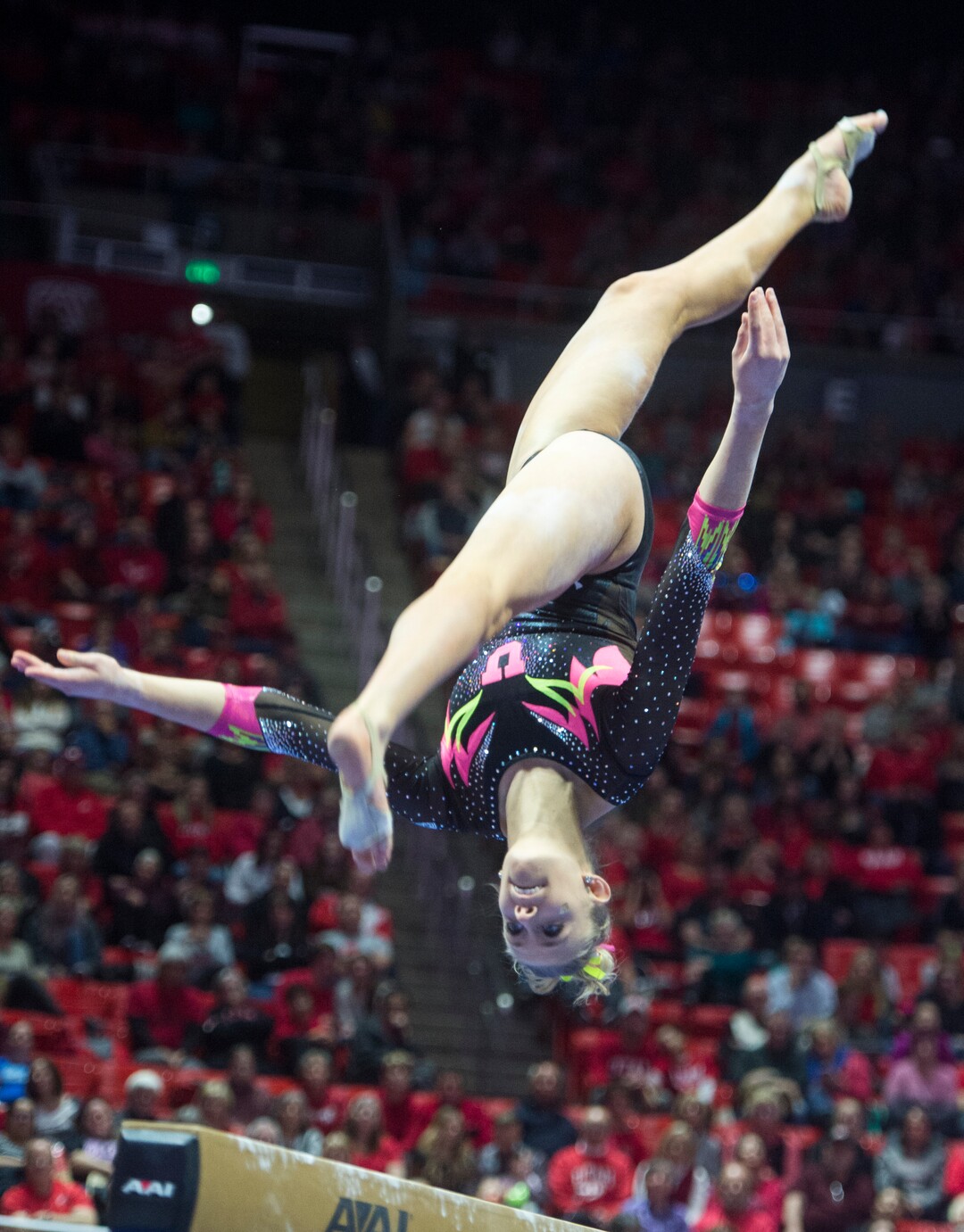 (Rick Egan  |  The Salt Lake Tribune)  MaKenna Merrell-Giles competes on the beam for Utah, in Gymnastics action Utah vs. Oregon State at the Jon M. Huntsman Center, Friday, January 19, 2018.
