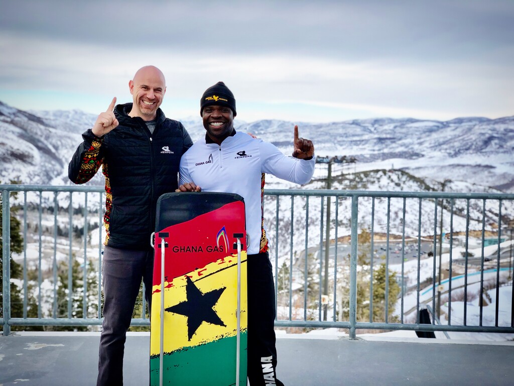 (Photo courtesy of Akwasi Frimpong) Ghanan slider Akwasi Frimpong, right, and coach Zach Lund celebrate Frimpong's victory in the international race at the 2020 Western Regionals at Utah Olympic Park near Park City on Feb. 29, 2020. The Salt Lake City skeleton racer's win was also Africa's first sliding victory.