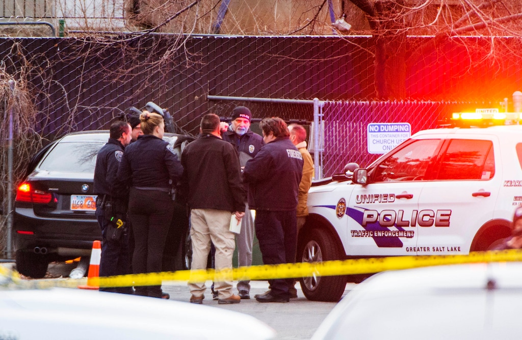 (Rick Egan | The Salt Lake Tribune) Police investigate a shooting in Kearns in an LDS church parking lot, where one person was killer and two were injured, on Tuesday, March 9, 2021.