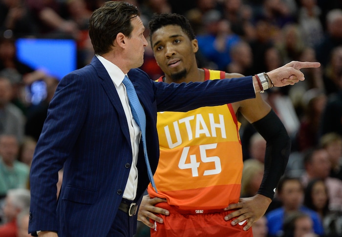 (Francisco Kjolseth  |  The Salt Lake Tribune)  Utah Jazz head coach Quin Snyder argues a call alongside Utah Jazz guard Donovan Mitchell (45) in the second half of the NBA game at Vivint Smart Home Arena Sat., Dec. 22, 2018, in Salt Lake City.
