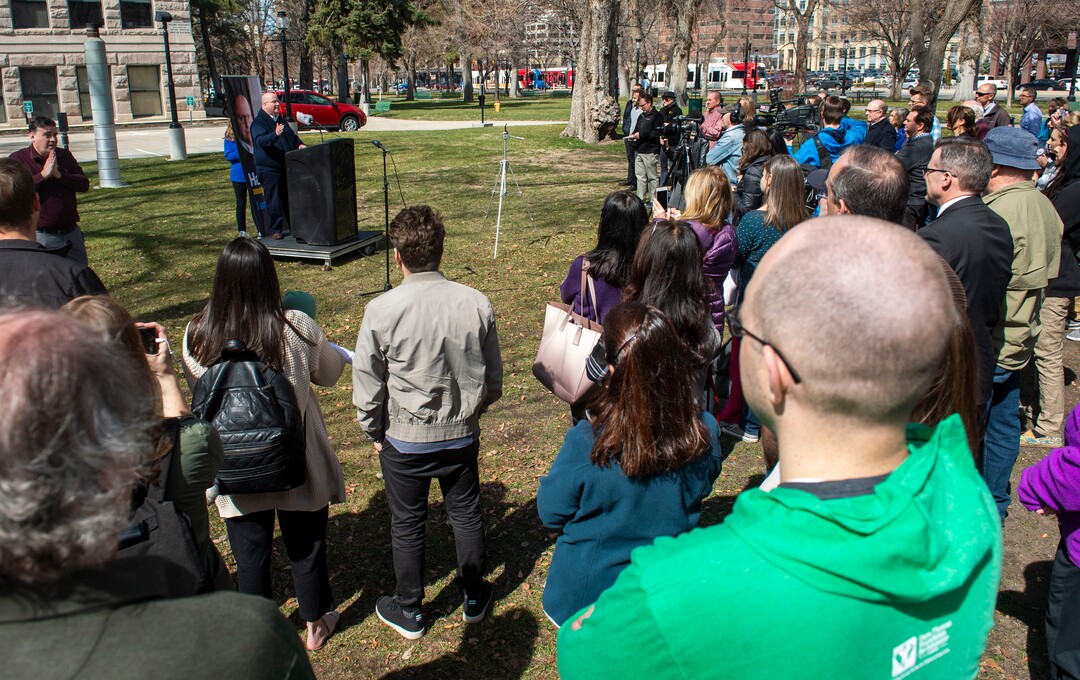(Rick Egan  |  The Salt Lake Tribune)      Christian Harrison, launches his campaign  for Salt Lake City Mayor outside Salt Lake City Hall, Wednesday, March 20, 2019.