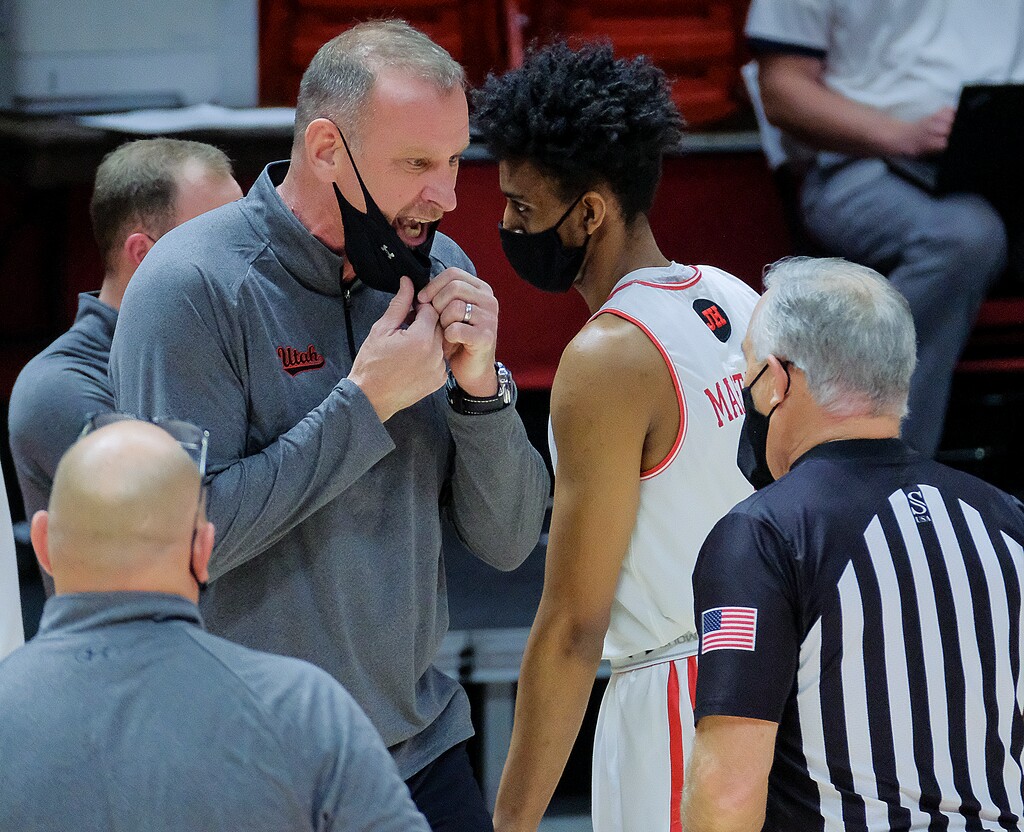 (Leah Hogsten | The Salt Lake Tribune) Utah Utes head coach Larry Krystkowiak disputes a call as the University of Utah host the Arizona Wildcats, Feb. 4, 2021 at the Jon M. Huntsman Arena. 