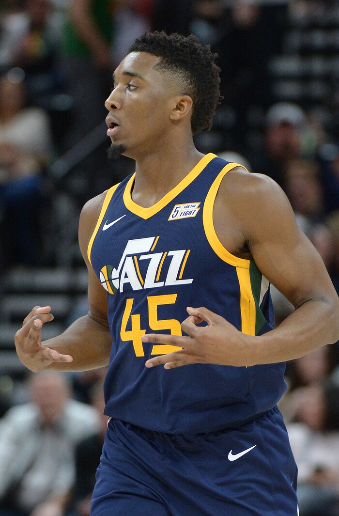 (Leah Hogsten  |  The Salt Lake Tribune) Utah Jazz guard Donovan Mitchell (45) had 25 points in the game. The Utah Jazz were defeated by the Toronto Raptors 100-109 at Vivint Smart Home Arena, Friday, November 3, 2017