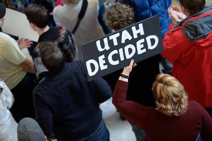 (Francisco Kjolseth  |  The Salt Lake Tribune)  Wendy Davis joins the demonstration in the Capitol rotunda on Monday, Jan, 28, 2019, on the first day of the Legislative session to rally in support of protecting Proposition 3, the Medicaid Expansion law recently passed by voters.