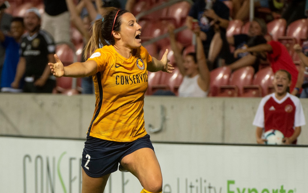 (Rick Egan  |  The Salt Lake Tribune)     Utah Royals FC defender Rachel Corsie (2) reacts after scoring the game tying goal, in Soccer action between Utah Royals FC and Portland Thorns FC, in Sandy, Friday, July 19, 2019.