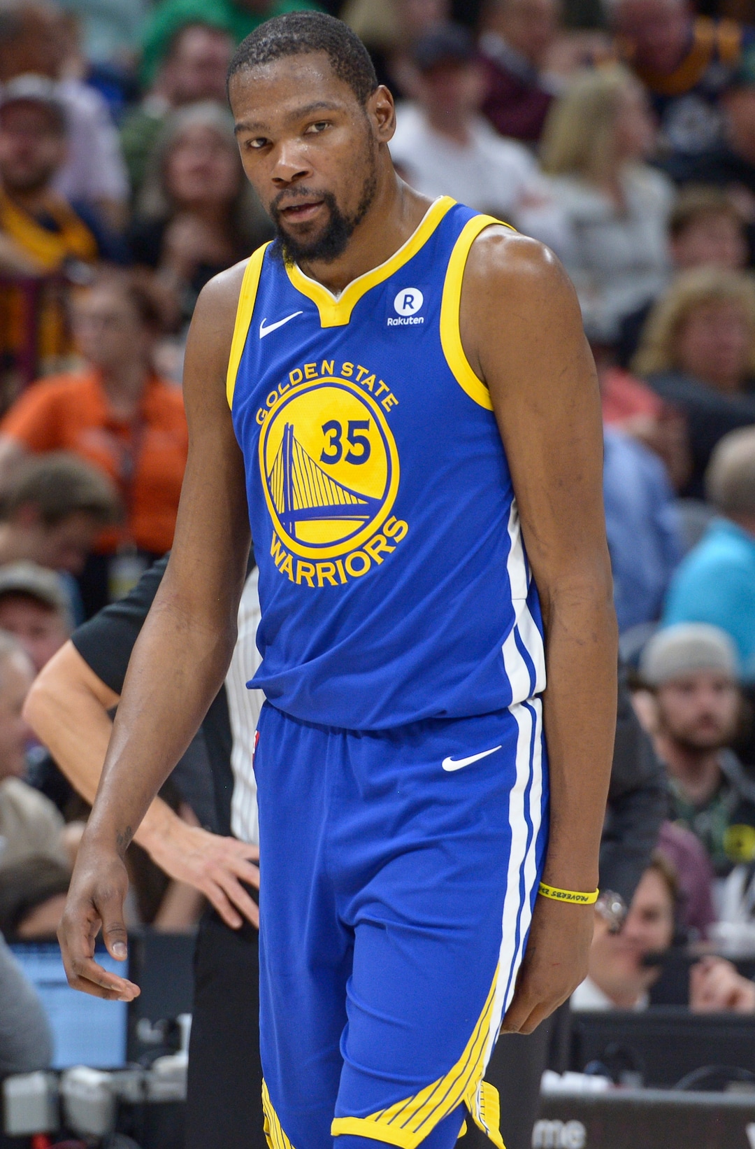 (Leah Hogsten  |  The Salt Lake Tribune)  Golden State Warriors forward Kevin Durant (35) had 13 points and 4 rebounds during the game.  The Utah Jazz defeated the Golden State Warriors 119-79 during their game, Tuesday, April 10, 2018 at the Vivant Smart Home Arena. 