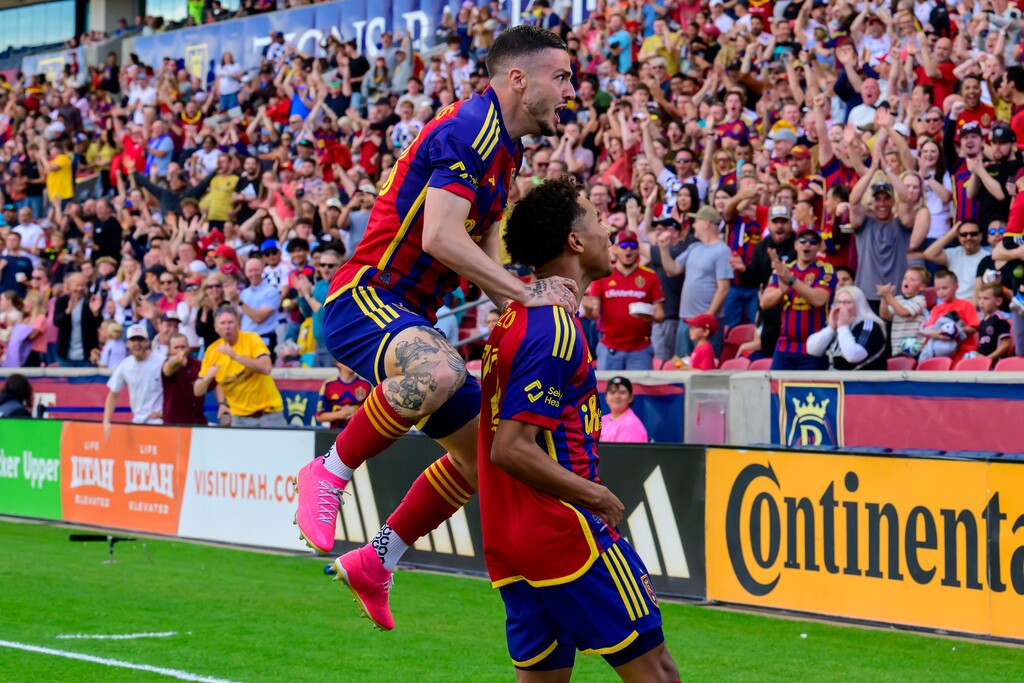 (Tyler Tate | AP) Real Salt Lake defender Alexandros Katranis, left, and forward Zavier Gozo celebrate Gozo's goal against the Vancouver Whitecaps on May 24. Katranis assisted on Gozo's goal against D.C. United on Saturday, June 14, 2025, in Sandy, Utah.