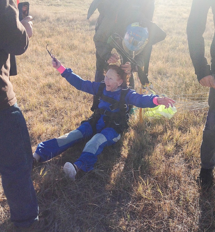 (Paul Rolly  |  The Salt Lake Tribune) Trudy Joseph celebrates her upcoming 90th birthday by jumping out of a plane with the help of Skydive Utah in Tooele, UT, surrounded by friends and family. 