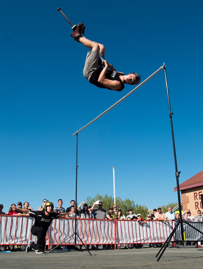 (Rick Egan  |  The Salt Lake Tribune)   The Xpogo Stunt Team  performs at the Utah State Fair, flying higher than10 Feet in the air on extreme pogo sticks throwing down flips and incredible tricks, 
The Xpogo Stunt team has headlined in 23 countries, appeared in numerous TV shows, Music Videos, commercials, and films, and collectively holds 13 current Guinness World Records. Sunday, September 10, 2017.


