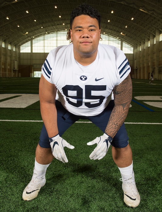 (Rick Egan  |  The Salt Lake Tribune)     BYU Cougar offensive lineman Khyiris Tonga (95). Wednesday, Aug. 8, 2018.