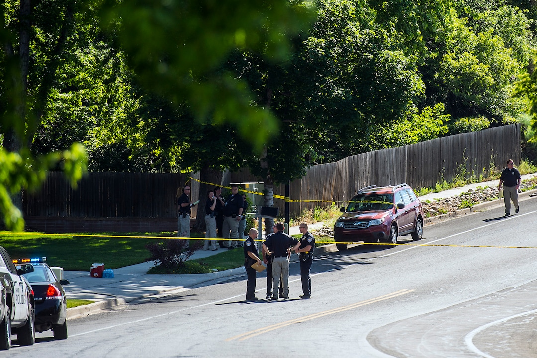 Chris Detrick  |  The Salt Lake TribunePolice officers investigate the scene of a shooting Tuesday, June 6, 2017. The shooting occurred at about 3:45 p.m. outside of a residence at about 2175 East and Alta Canyon Drive (about 8630 South), said Sandy police Sgt. Jason Nielsen. Nielsen said the shooter was among the dead and, therefore, there is no threat to the public.