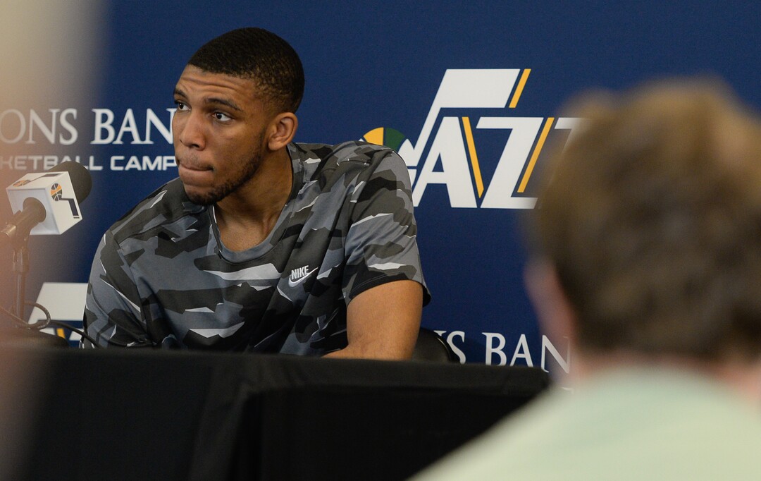(Francisco Kjolseth  |  The Salt Lake Tribune)  Utah Jazz      guard Tony Bradley speaks with the media during exit interviews at their practice facility in Salt Lake City Wed., May 8, 2018, after losing to the Houston Rockets in game 5 of their Western Conference Semifinals during the 2018 NBA Playoffs.