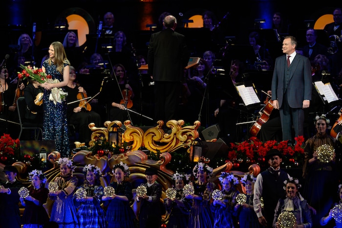 (Francisco Kjolseth  |  The Salt Lake Tribune)  The Mormon Tabernacle Choir Christmas extravaganza kicks off with Broadway star Sutton Foster and "Downton Abbey's" Hugh Bonneville at the Conference Center on Thursday, Dec. 14, 2017.