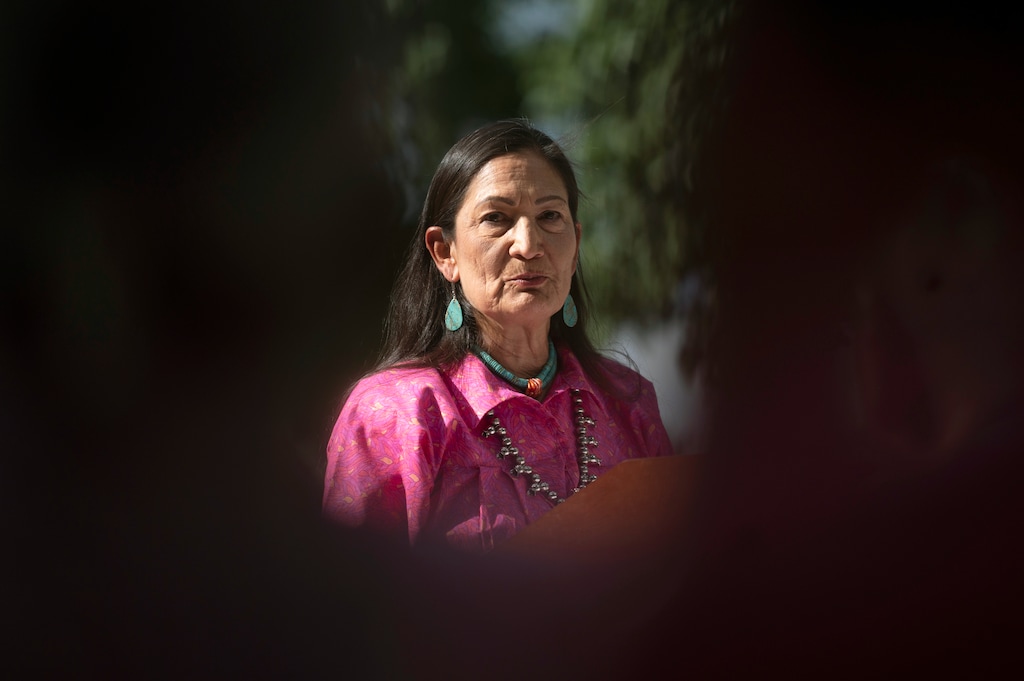 (Jon Austria/The Albuquerque Journal via AP) United States Secretary of the Interior Deb Haaland speaks at the Bureau of Indian Affairs, Southwest Regional Office, in Albuquerque, N.M., on Sunday, June 11, 2023. On Friday, May 24, 2024, Haaland sent out an email to National Park Service employees reversing a directive that would have disallowed them from participating in Pride events while in uniform.