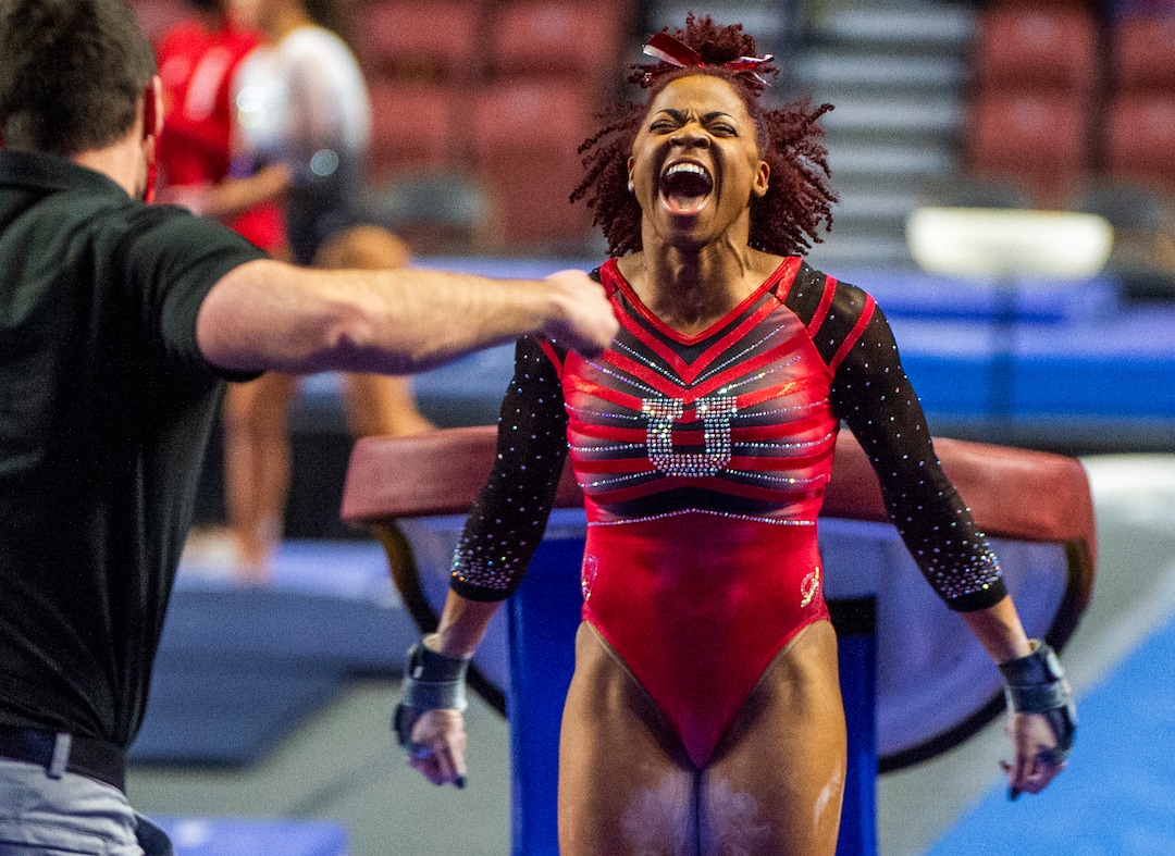 (Rick Egan | The Salt Lake Tribune) Cammy Hall competes on the vault for Utah in the Best of Utah gymnastics meet at the Maverik Center on Saturday, Jan. 9, 2021.