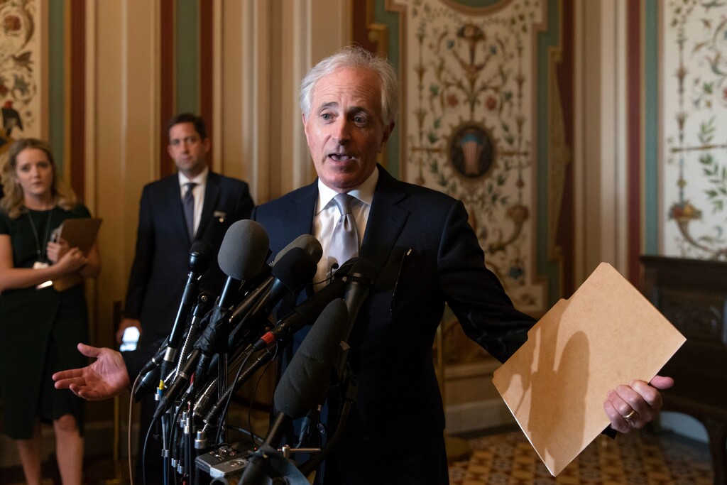 (AP Photo/J. Scott Applewhite) Senate Foreign Relations Committee Chairman Bob Corker, R-Tenn., speaks to reporters after meeting with Canada's Minister of Foreign Affairs Chrystia Freeland on Capitol Hill in Washington, Wednesday, June 13, 2018. The meeting with Freeland comes after President Donald Trump insulted Canadian Prime Minister Justin Trudeau at the Group of Seven summit, calling him "dishonest" and "weak," after the prime minister spoke against American tariffs on steel and aluminum.