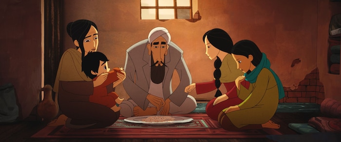(photo courtesy GKids) Parwana (far right, voiced by Saara Chaudry) has dinner with her family in their Kabul apartment, in a scene from the animated drama "The Breadwinner."