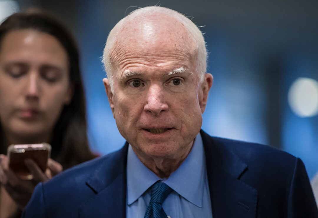 FILE - In this Oct. 19, 2017 file photo, Sen John McCain, R-Ariz., chairman of the Senate Armed Services Committee, returns to his office after a series of votes at the Capitol in Washington.  McCain is returning to his alma mater to address the Brigade of Midshipmen at the U.S. Naval Academy on leadership and service to the nation.  The academy on Tuesday, Oct. 24 announced the senator’s scheduled appearance next week.  (AP Photo/J. Scott Applewhite, File)