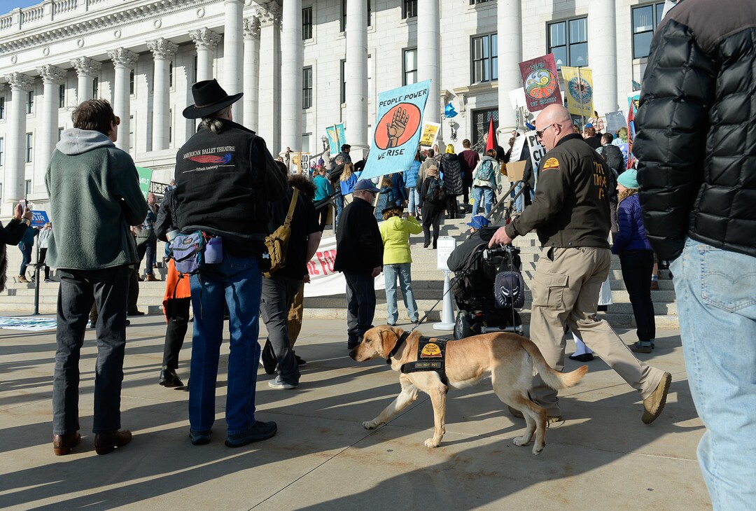 (Francisco Kjolseth  |  The Salt Lake Tribune)  A highway patrol K-9 bomb sniffing dog is walked throughout the crowd on the steps of the Utah Capitol on Friday, Dec. 6, 2019, as Fridays For Future, Utah Youth Environmental Solutions, and others gather to rally for clean air and fight for comprehensive climate change solutions. The strike was also in opposition to UtahÕs final oil and gas lease sale of 2019 that will auction off public lands and further fossil fuel development.