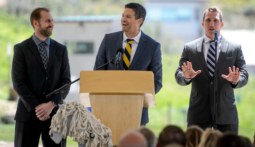 Steve Griffin  |  The Salt Lake TribuneOlympic bobsled medalists Curt Tomasevicz, Steve Messler and Chris Fogt share a laugh as they tell stories of their long time friend and teammate Steve Holcomb as Park City and the Holcomb family and friends hold a memorial to honor the late 37-year-old Park City gold medalist bobsledder who passed away suddenly in Lake Placid last month. The remembrance was held in the summer pavilion at Utah Olympic Park Park City Saturday June 10, 2017. Tomasevicz and Messler won Olympic Gold with Holcomb in 2010 and Fogt won a bronze medal with Holcomb in 2014.