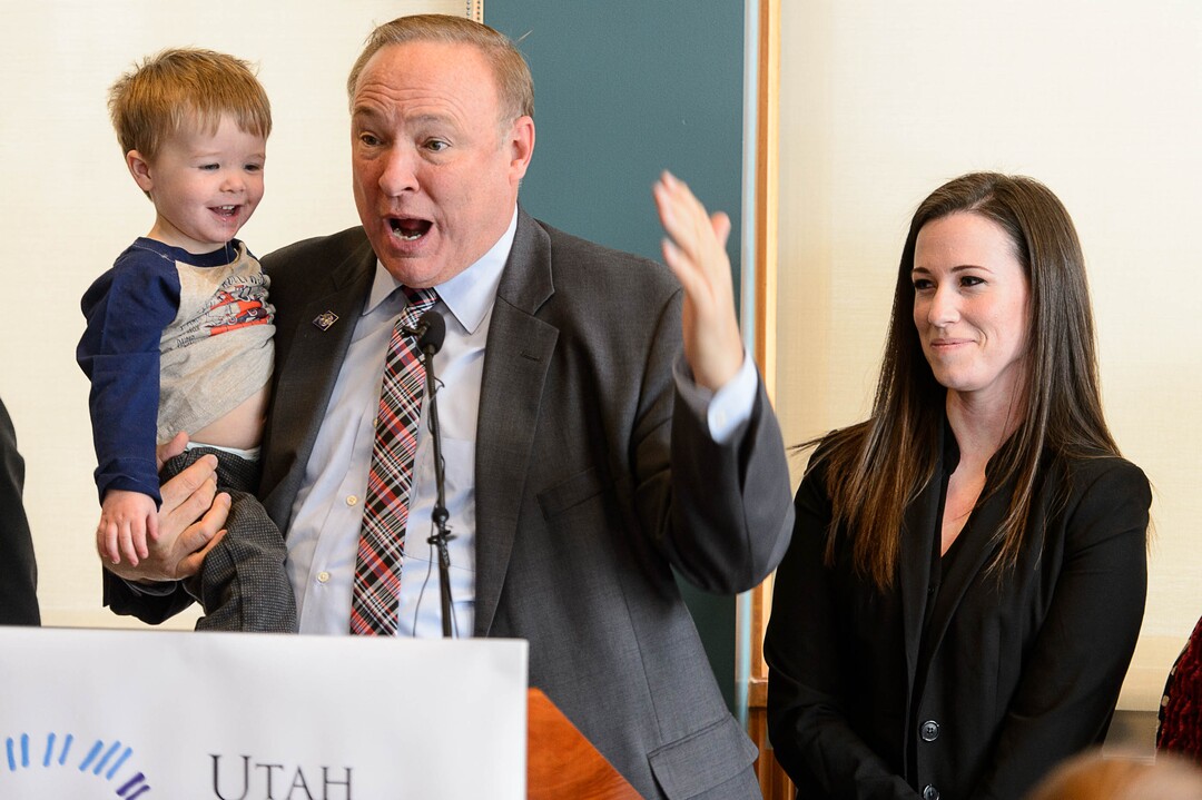 Trent Nelson  |  The Salt Lake TribuneSenator Jim Dabakis, holding Edwin Otterstrom-Young, speaks at a press conference where nonprofit organizations, legislators, and community advocates announced the organization of the Utah Women’s Coalition and its legislative agenda in Salt Lake City, Wednesday January 13, 2016.