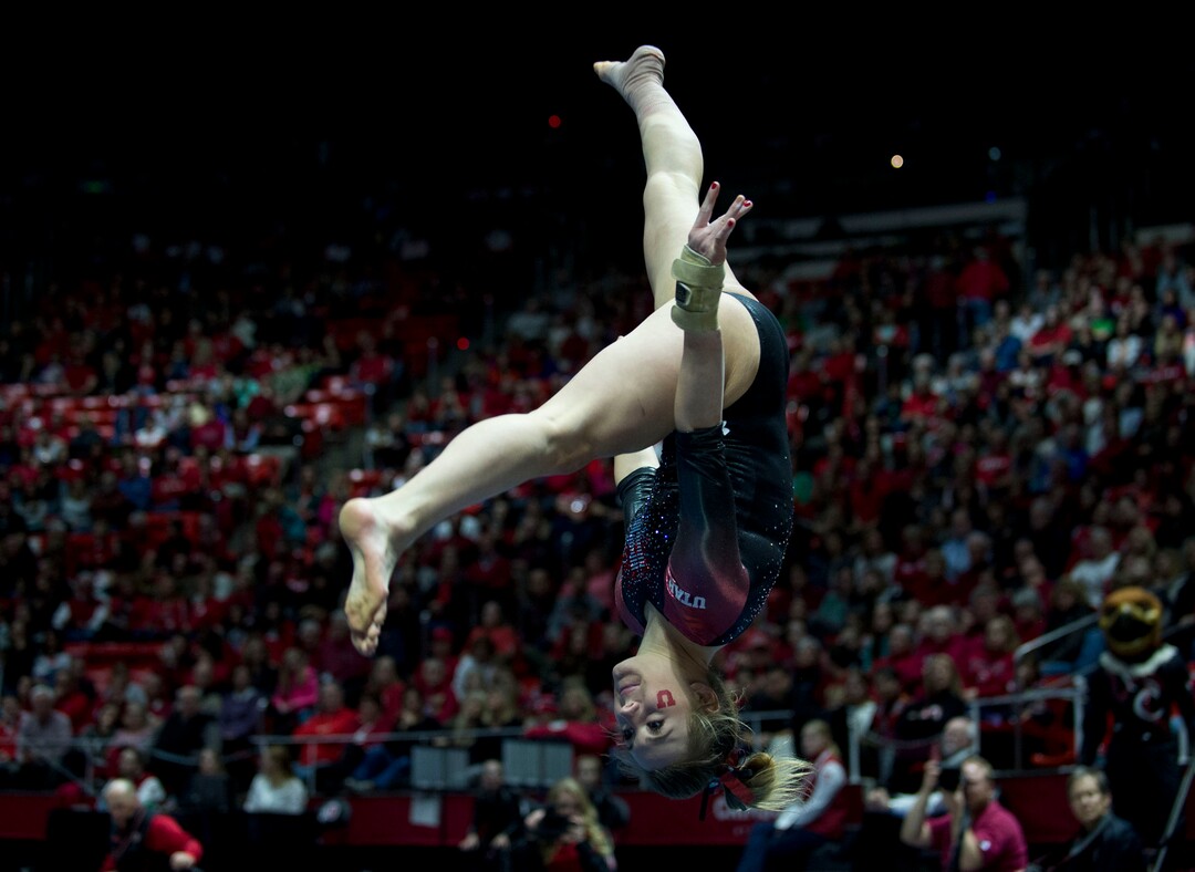 Lennie Mahler  |  The Salt Lake TribuneTiffani Lewis performs an exhibition routine on the floor during a super meet at the Huntsman Center on Friday, Jan. 16, 2015.