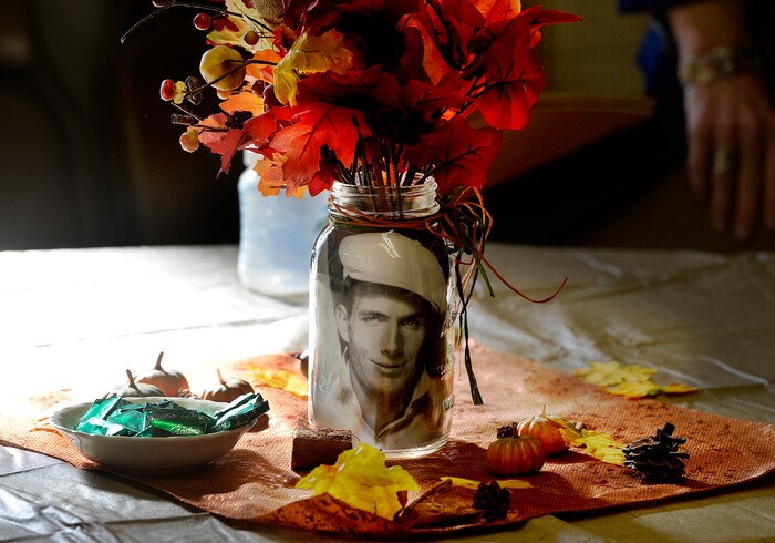 (Scott Sommerdorf | The Salt Lake Tribune)
George Arthur Dodge is seen in one of the table centerpieces as the families gathered for a reunion, Thursday, November 9, 2017 at the Bountiful Tabernacle.