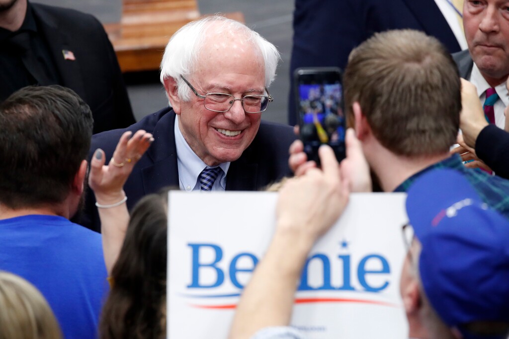 (Pablo Martinez Monsivais | AP) Democratic presidential candidate Sen. Bernie Sanders, I-Vt., greets supporters at a primary night election rally in Manchester, N.H., Tuesday, Feb. 11, 2020.