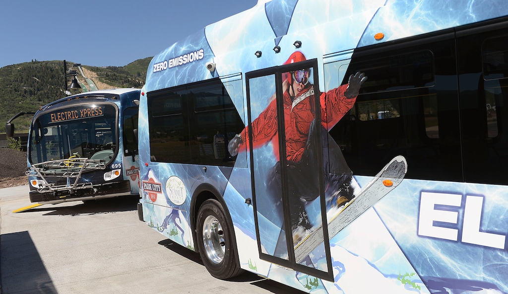 Al Hartmann  |  The Salt Lake Tribune
Park City residents, town and county officials come out to see Utah's first all-electric bus fleet at the Kimball Junction Transit Center.