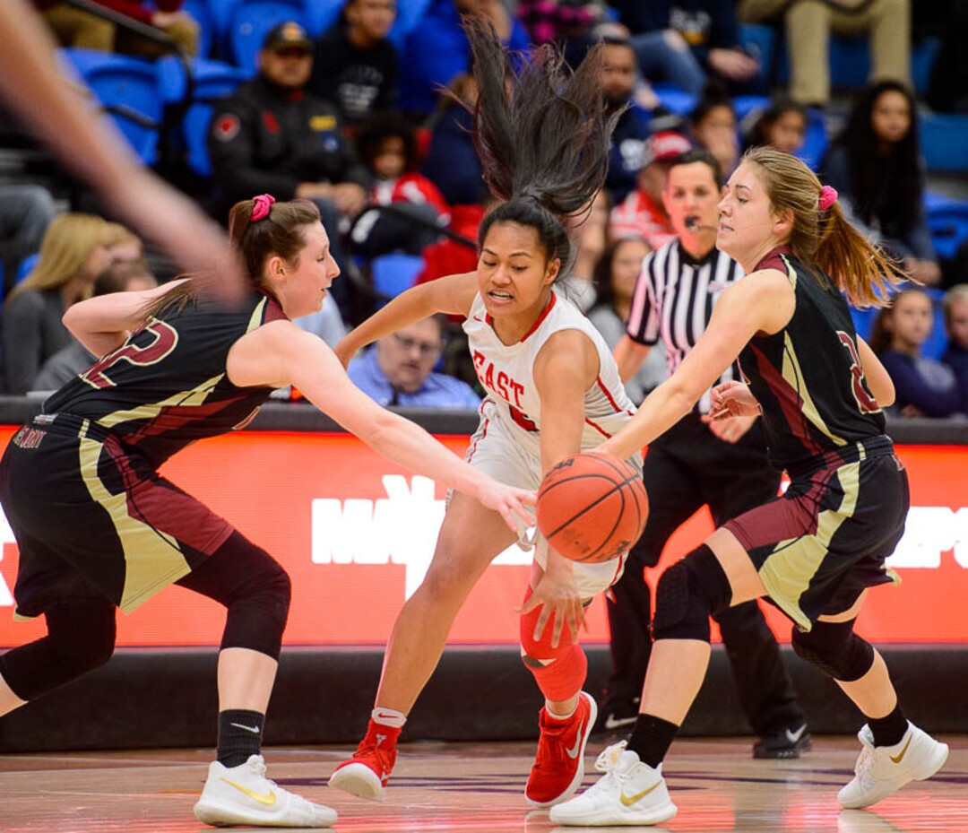 (Trent Nelson | The Salt Lake Tribune)  East's Margarita Satini (2) loses the ball to Viewmont's Mercedes Staples (12) and Viewmont's Emma Carr (2) as East faces Viewmont in the 5A High School Girls' Basketball Tournament at SLCC in Taylorsville, Wednesday Feb. 21, 2018.