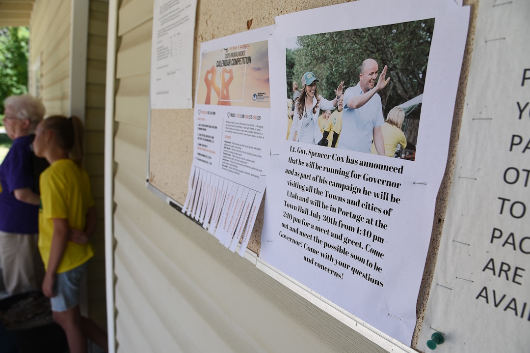 (Francisco Kjolseth  |  The Salt Lake Tribune)  A bulletin board at the town hall building in Portage, Utah in Box Elder County announces the arrival of Lt. Gov. Spencer Cox as he attempts to visit each of the 248 cities and towns in the state during his gubernatorial campaign tour on Tuesday, July 30, 2019.