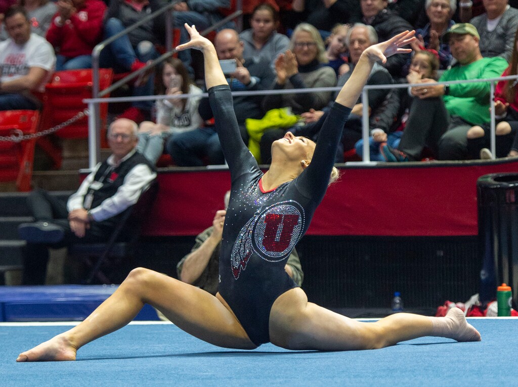 (Rick Egan  |  The Salt Lake Tribune)  MaKenna Merrill-Giles competes on the floor for Utah, in Gymnastics action at the Jon M. Huntsman Center, Saturday, March 2, 2019.