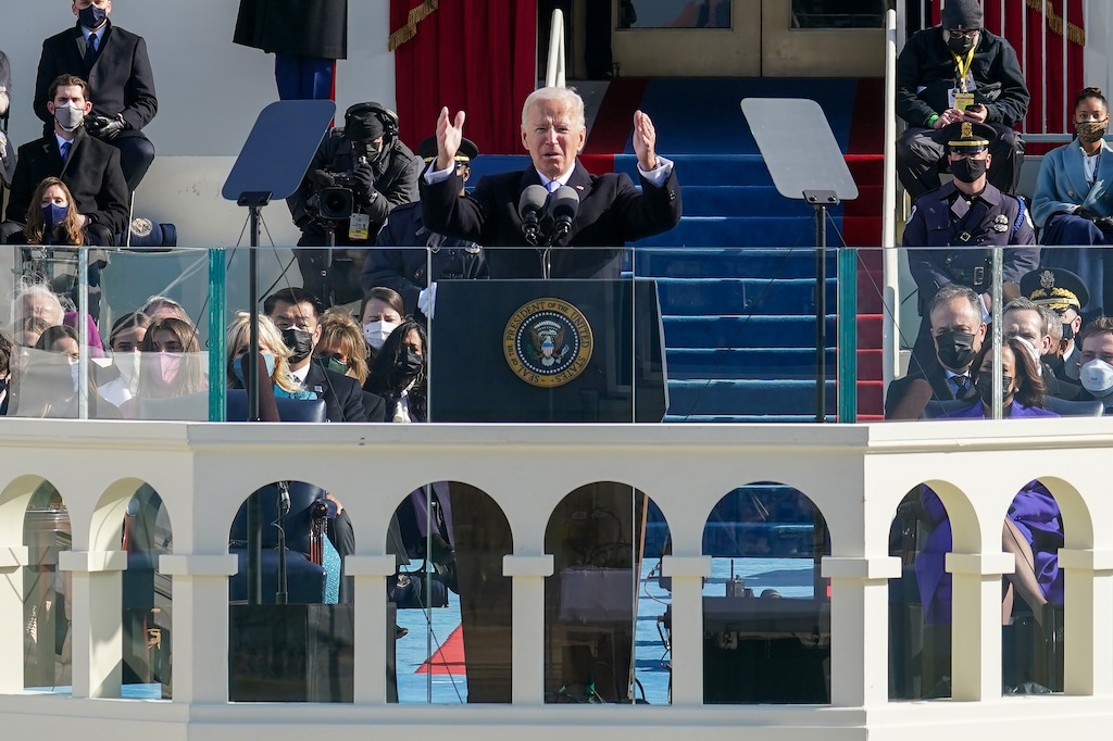 President Joe Biden delivers his inaugural address at the Capitol in Washington on  Wednesday, Jan. 20, 2021. (Chang W. Lee/The New York)