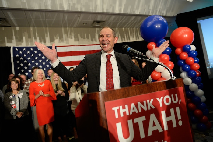 (Francisco Kjolseth  |  The Salt Lake Tribune)  John Curtis, Republican candidate for 3rd Congressional District celebrates his win at the Provo Marriott Hotel & Conference Center Tuesday, Nov. 7, 2017. He will fill the congressional seat recently vacated by Jason Chaffetz.