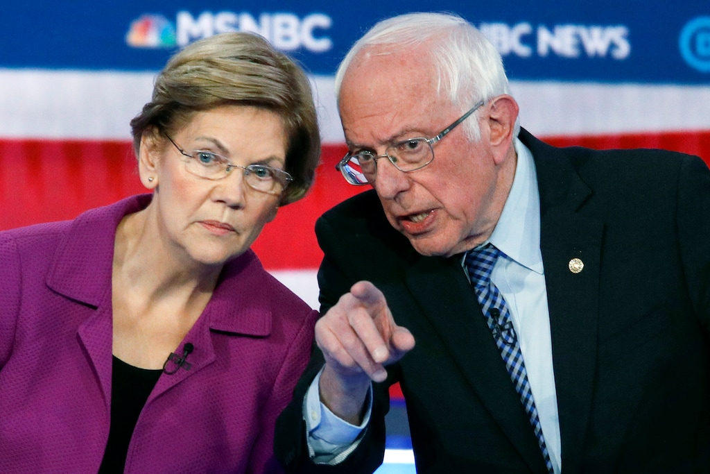 (AP Photo/John Locher)
In this Feb. 19, 2020, photo, Democratic presidential candidates, Sen. Elizabeth Warren, D-Mass., left, and Sen. Bernie Sanders, I-Vt., talk during a Democratic presidential primary debate in Las Vegas, hosted by NBC News and MSNBC.