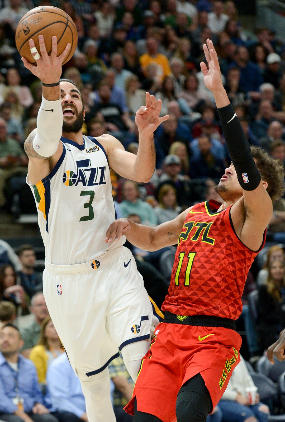 Leah Hogsten  |  The Salt Lake Tribune  Utah Jazz guard Ricky Rubio (3) drives to the net past Atlanta Hawks guard Trae Young (11) as the Utah Jazz take on the Atlanta Hawks, Feb. 1, 2019 at Vivint Smart Home Arena. 