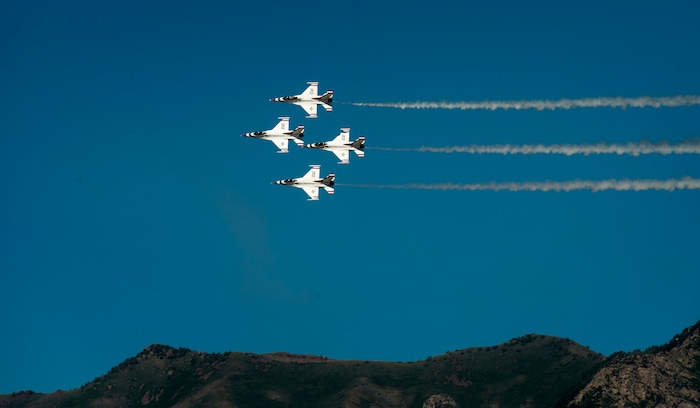 (Rick Egan  |  The Salt Lake Tribune)    The U.S.A.F. Thunderbirds perform at the Warriors Over the Wasatch airshow at Hill Airforce Base, Sunday, June 24, 2018.