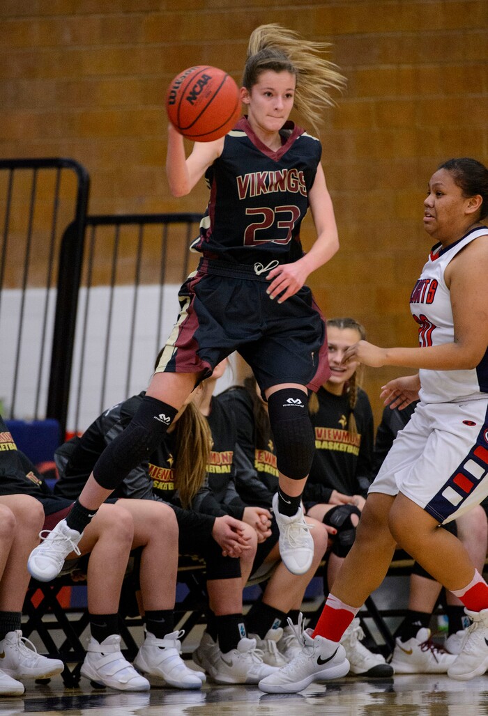 (Trent Nelson  |  The Salt Lake Tribune)  Viewmont's Karli Gunnell saves a ball as Woods Cross hosts Viewpoint High School girls basketball, Wednesday, January 24, 2018.