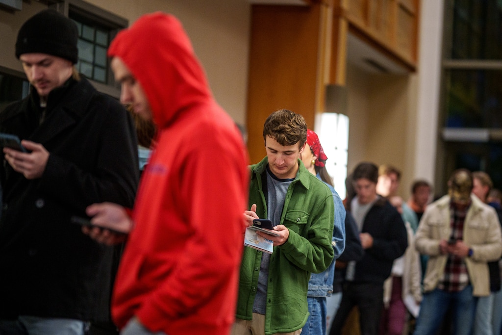 (Trent Nelson  |  The Salt Lake Tribune) Voters in line at the Utah County polling station in Provo on Tuesday, Nov. 5, 2024.