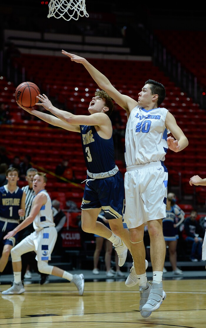 (Francisco Kjolseth  |  The Salt Lake Tribune)  Westlake vs Layton, 6A State high school basketball tournament at the Huntsman Center in Salt Lake City, Thursday March 1, 2018. Austin White (3), Collin Jeppson (40). 