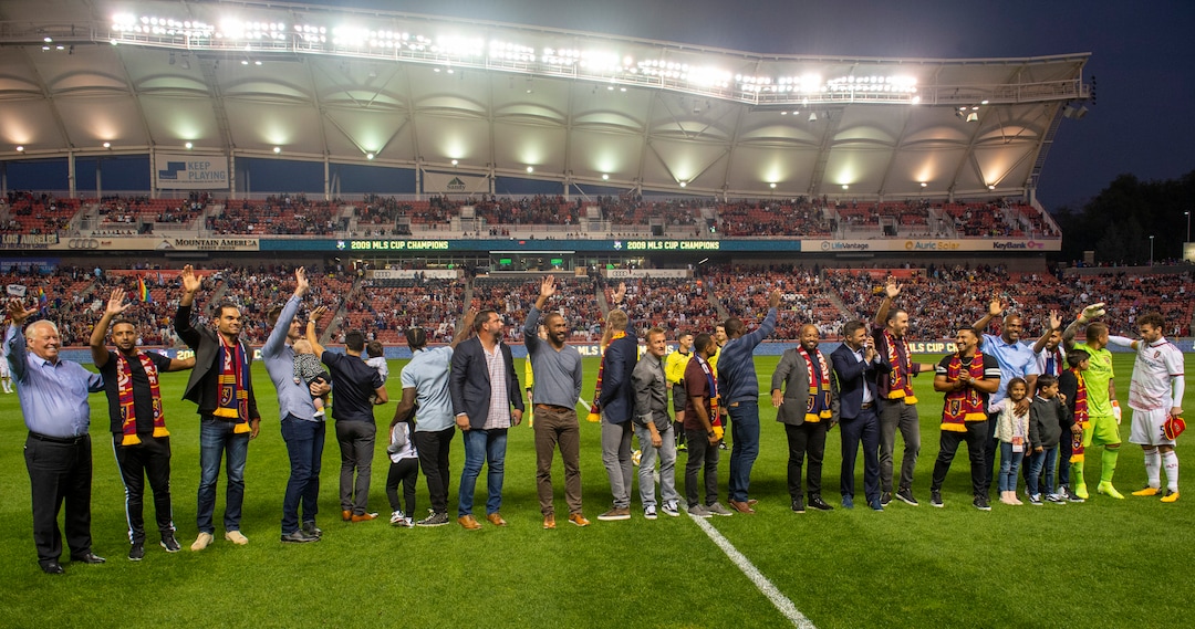 (Rick Egan  |  The Salt Lake Tribune)       Real Salt Lake won the MLS Cup 10 years ago, that team returned to Rio Tinto Wednesday to commemorate its championship before in MLS soccer action between Real Salt Lake and Los Angeles Galaxy, Wednesday, Sept. 25, 2019.