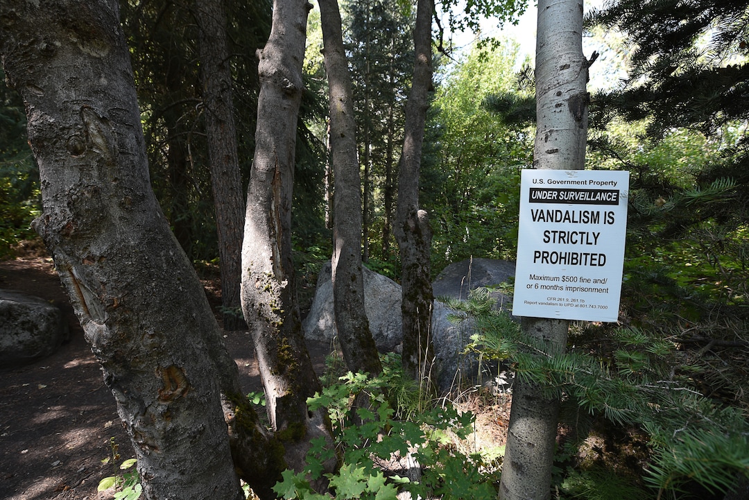 (Francisco Kjolseth  |  The Salt Lake Tribune)  Graffiti has proliferated in lower Little Cottonwood Canyon, where vandals, often wielding cans of fluorescent-colored spray paint, have covered granite faces, trees and structures. The vandalism is particularly apparent along the Temple Quarry Trail and the creek at the Moon Rock swimming hole and former pavilion site. Volunteers using donated equipment and solvents spend thousands of hours removing the paint from the rocks only to see graffiti return to the same faces or on rock nearby.
