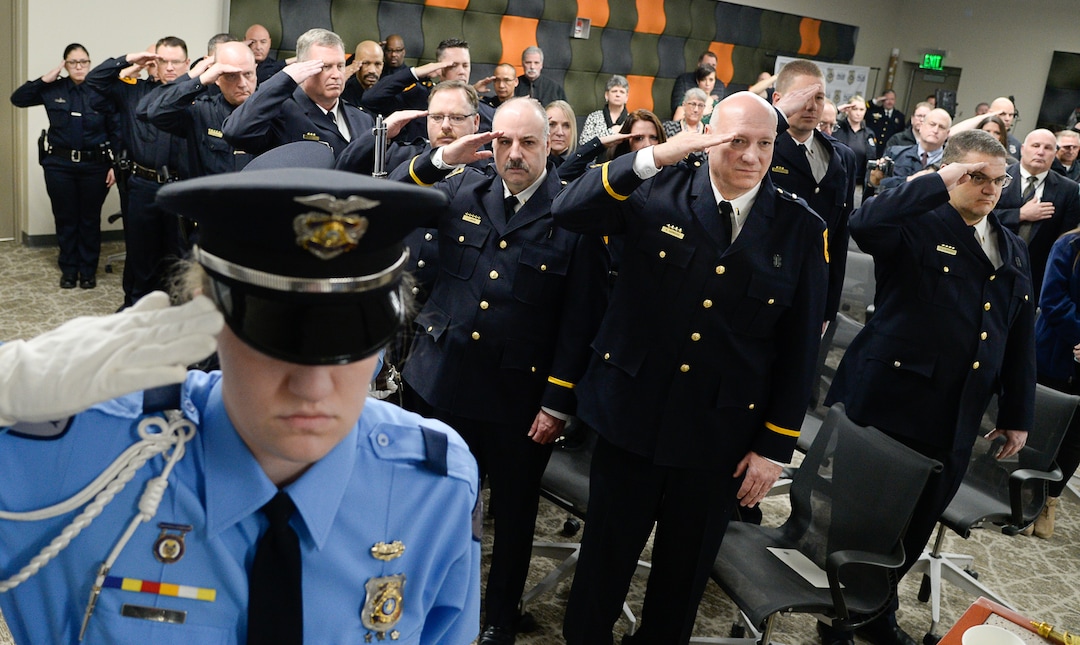 (Francisco Kjolseth  |  The Salt Lake Tribune)  Salt Lake City Police Explorers post the colors during a ceremony for the airport police, established in 1984, to retire their patch and badge as they are subsumed into the Salt Lake City Police Department on Tuesday, Feb. 26, 2019. 