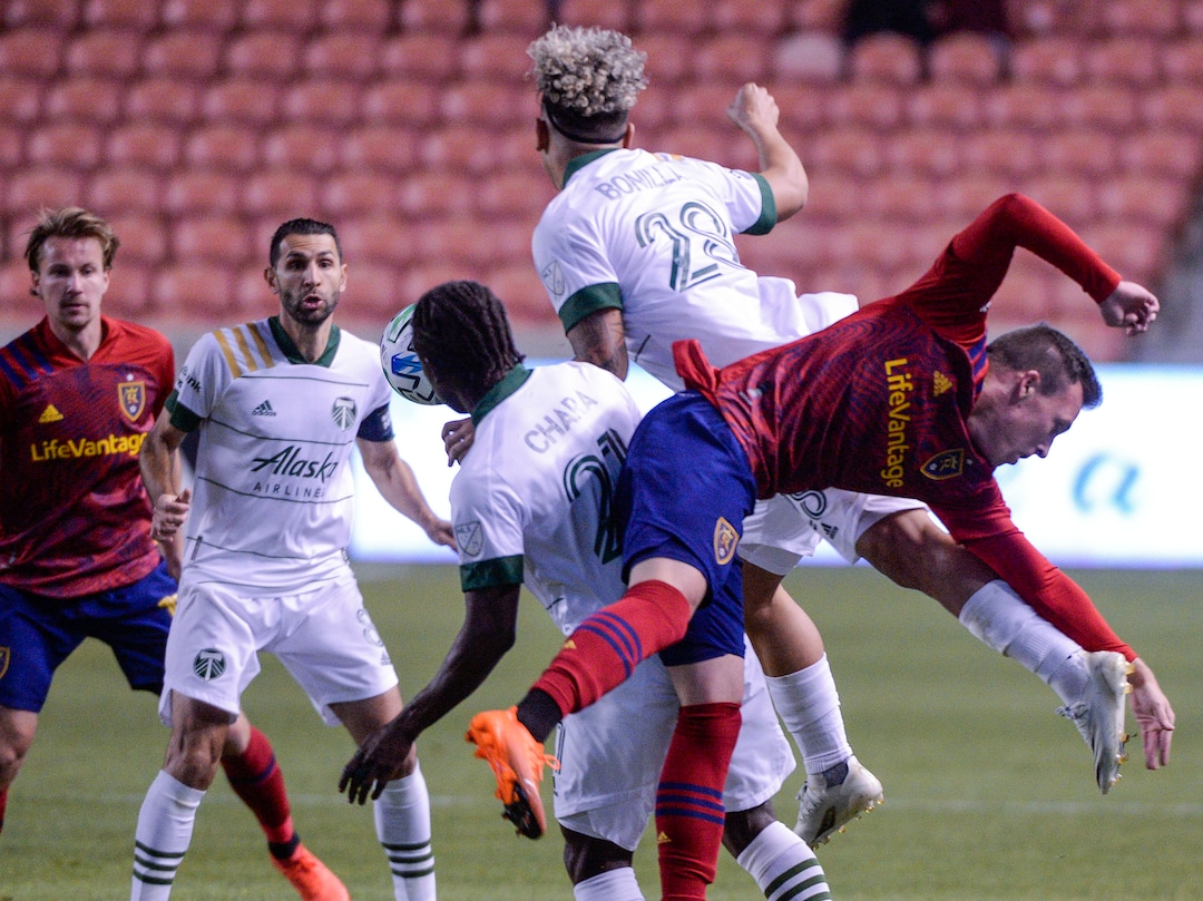 (Leah Hogsten  |  The Salt Lake Tribune) Real Salt Lake forward Corey Baird (10) fights Portland for possession as Real Salt Lake hosts the Portland Timbers, Oct. 14, 2020.