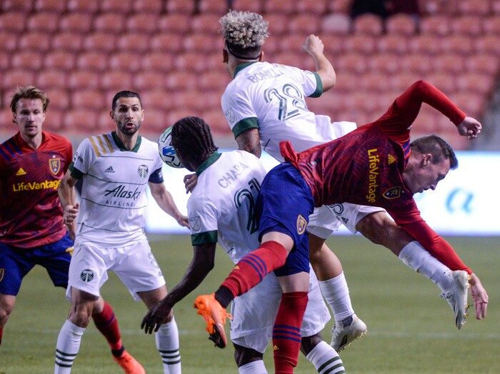 (Leah Hogsten  |  The Salt Lake Tribune) Real Salt Lake forward Corey Baird (10) fights Portland for possession as Real Salt Lake hosts the Portland Timbers, Oct. 14, 2020.