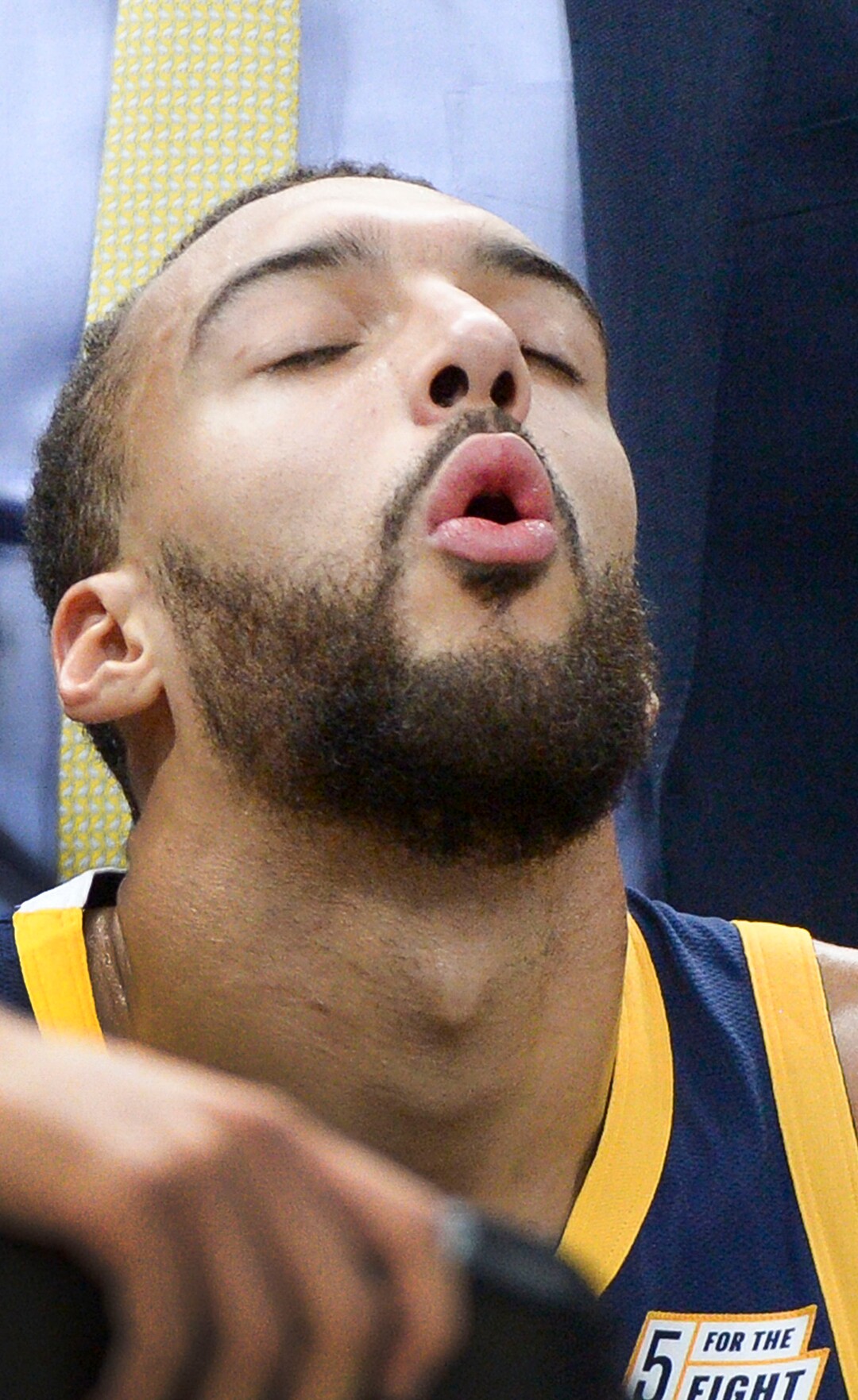 (Leah Hogsten  |  The Salt Lake Tribune) Utah Jazz center Rudy Gobert (27) during a timeout in the first half as the Utah Jazz host the Golden State Warriors, Dec. 13, 2019 at Vivint Arena.