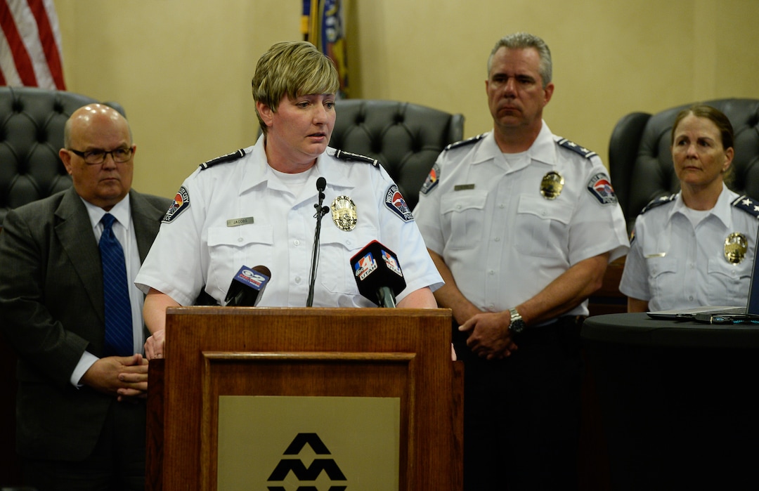 (Francisco Kjolseth  |  The Salt Lake Tribune)  West Valley Police Chief Colleen Jacobs, center left, holds a press conference on Tuesday, Apr. 17, 2018, to release body cam footage of the fatal shooting of 20-year-old Elijah James Smith. On April 8, Smith was shot and killed by West Valley police officers who believed he matched the description of someone involved in a theft at a cellphone store.
