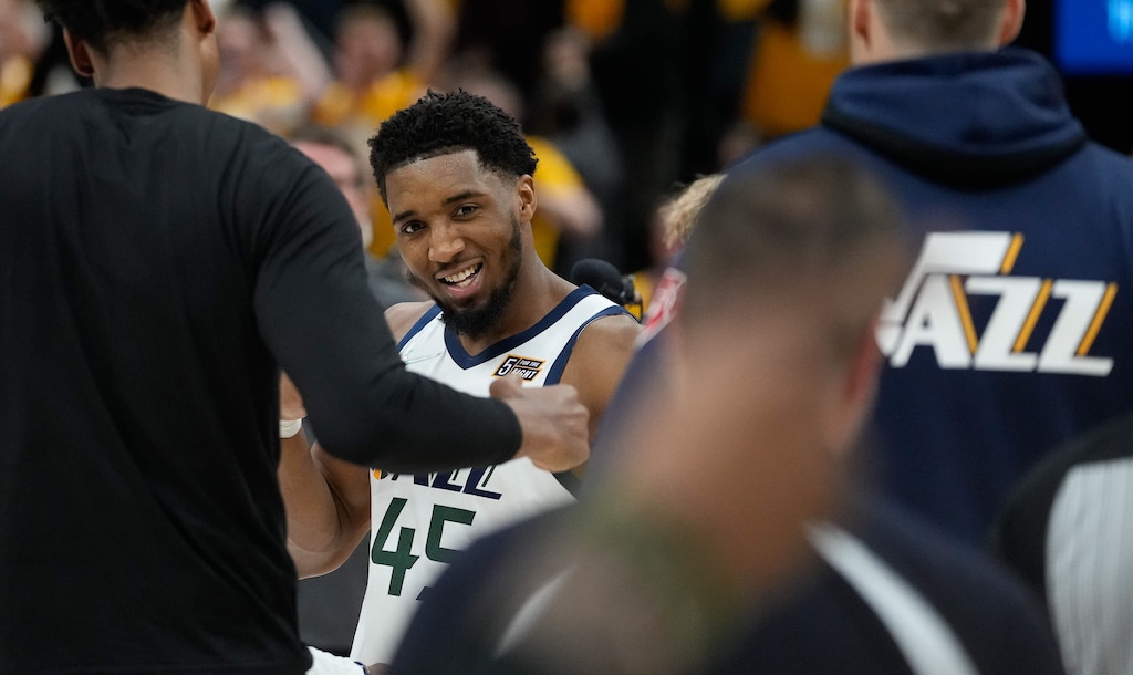 (Francisco Kjolseth | The Salt Lake Tribune) Utah Jazz guard Donovan Mitchell (45) celebrates their team win 100-99 over Dallas during Game 4 of an NBA basketball first-round playoff series, Saturday, April 23, 2022, in Salt Lake City.