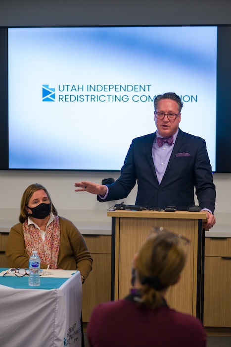 (Trent Nelson  |  The Salt Lake Tribune) Rex Facer II at a news conference held by the Utah’s bipartisan redistricting panel in Taylorsville on Tuesday, Oct. 26, 2021. At left is Karen Hale.